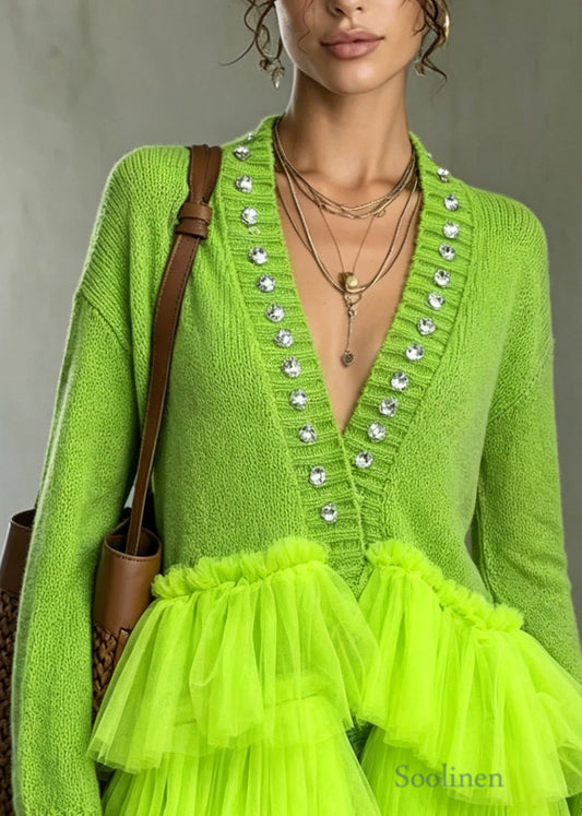 Simple Fluorescent Green Rhinestone Patchwork Tulle Cardigan Fall