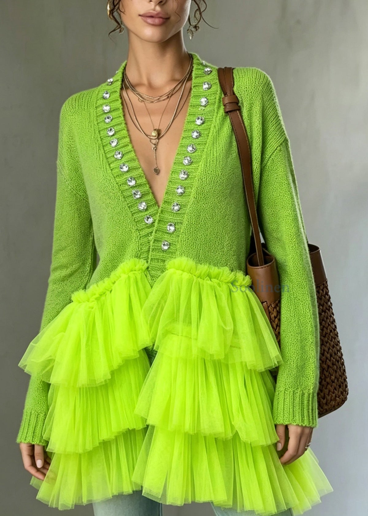 Simple Fluorescent Green Rhinestone Patchwork Tulle Cardigan Fall