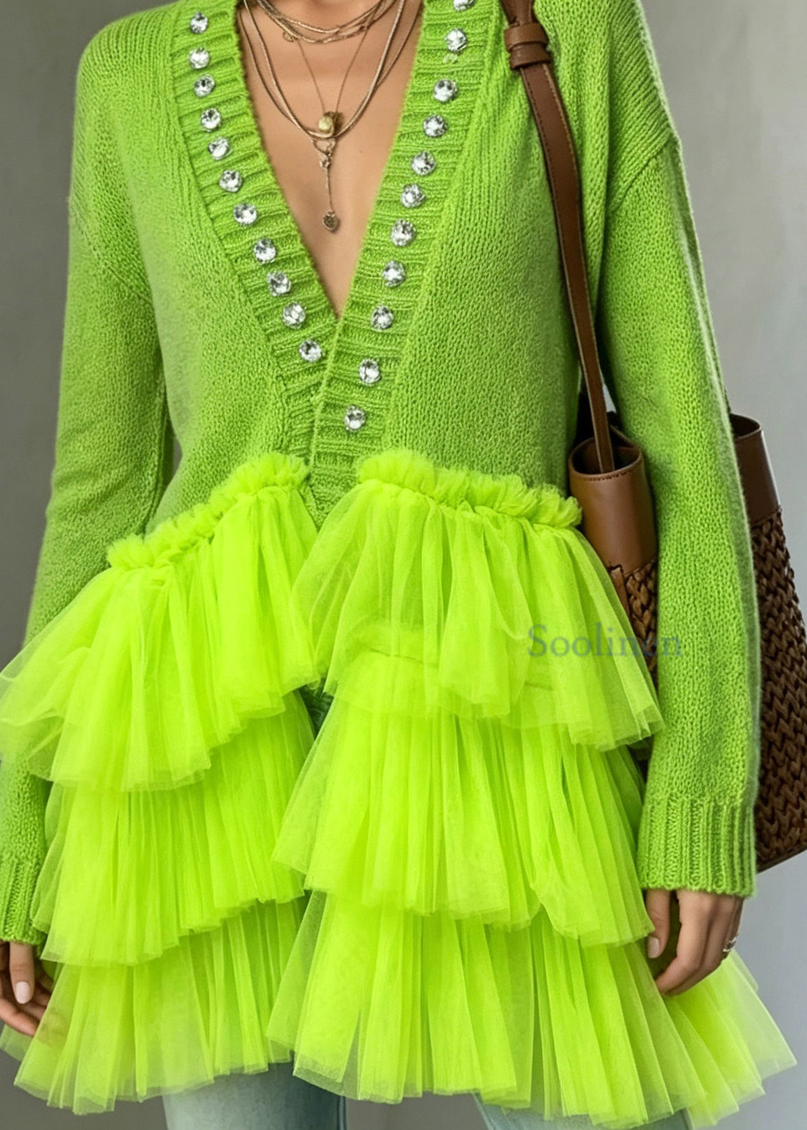 Simple Fluorescent Green Rhinestone Patchwork Tulle Cardigan Fall