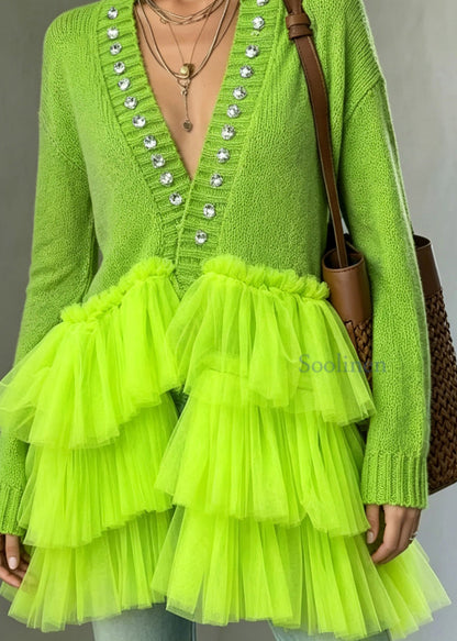 Simple Fluorescent Green Rhinestone Patchwork Tulle Cardigan Fall