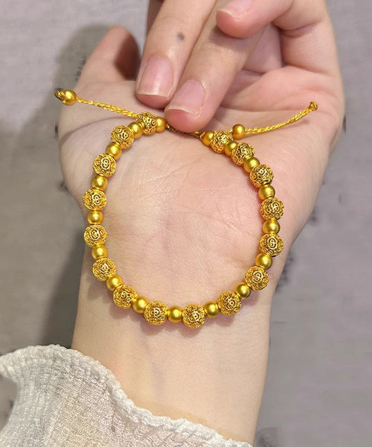 Pulsera sencilla de cadena de bolas con bordado dorado y tejido a mano en plata esterlina