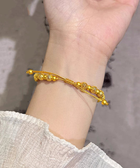Pulsera sencilla de cadena de bolas con bordado dorado y tejido a mano en plata esterlina
