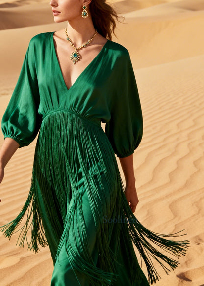 Simple Grass Green Tasseled Cotton Maxi Dresses Summer