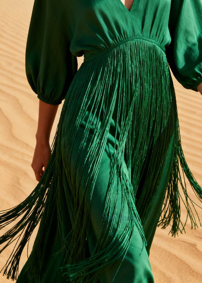 Simple Grass Green Tasseled Cotton Maxi Dresses Summer