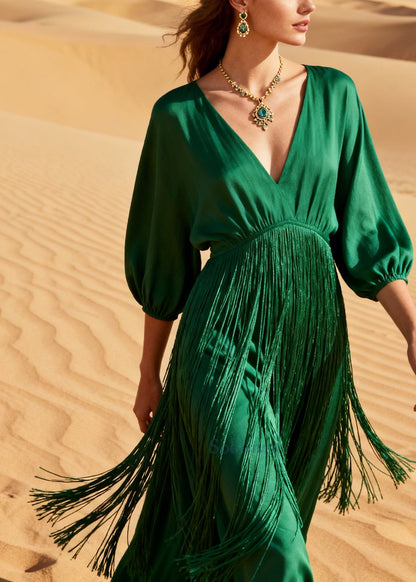 Simple Grass Green Tasseled Cotton Maxi Dresses Summer