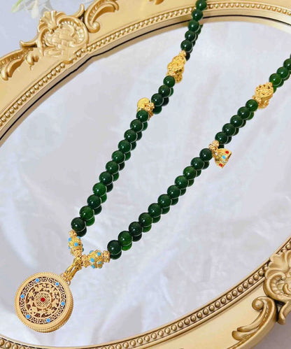 Simple Green Ancient Gold Beading Gem Stone Graduated Bead Necklace