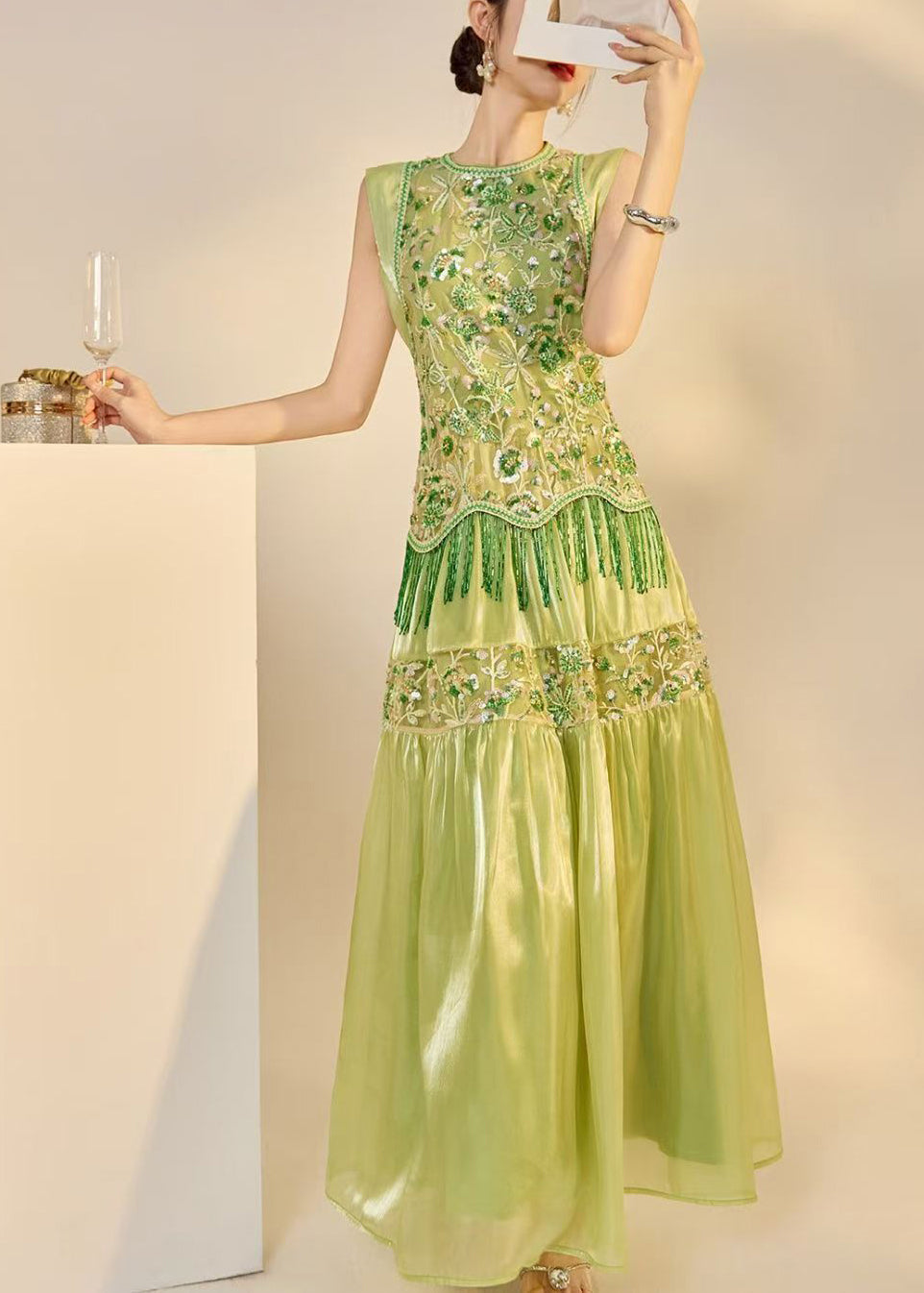 Simple Green Embroidered Nail Bead Sequins Tulle Long Dresses Sleeveless