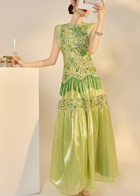 Simple Green Embroidered Nail Bead Sequins Tulle Long Dresses Sleeveless