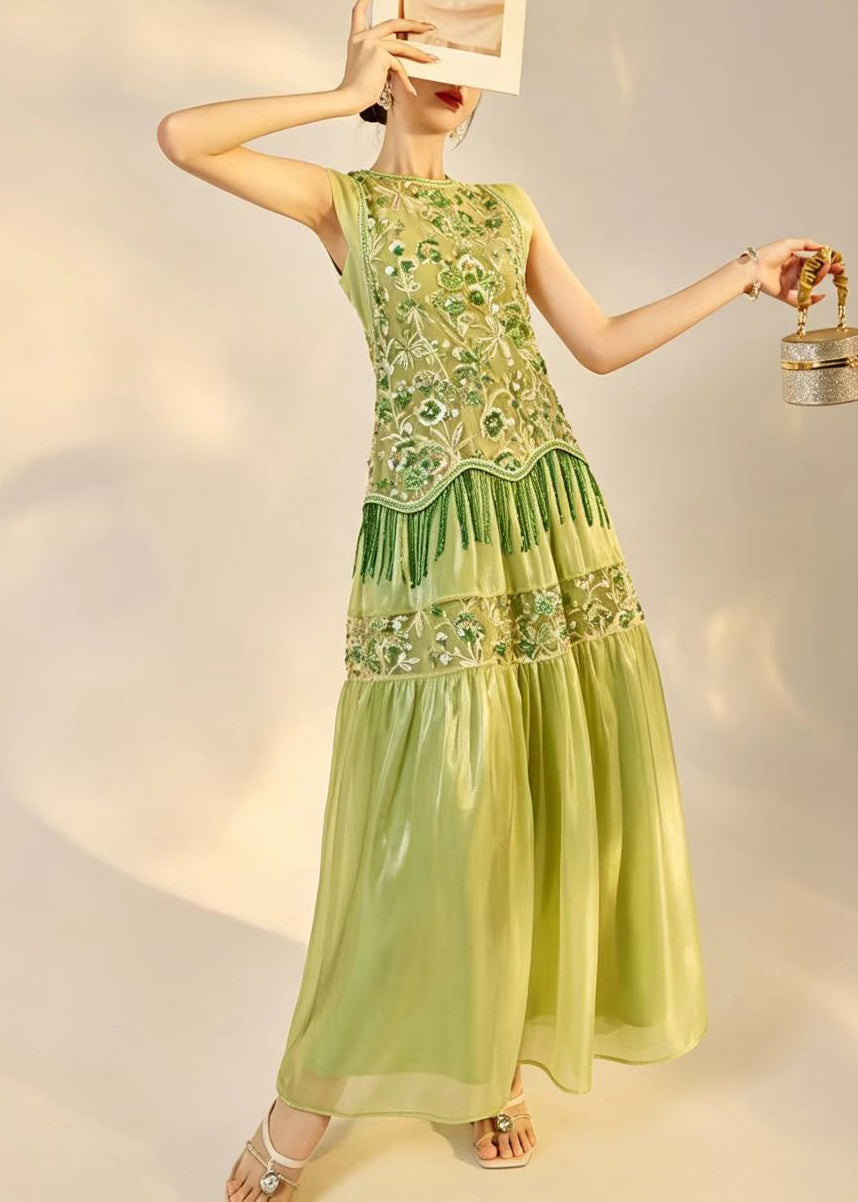 Simple Green Embroidered Nail Bead Sequins Tulle Long Dresses Sleeveless