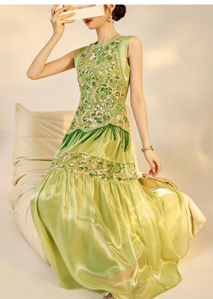 Simple Green Embroidered Nail Bead Sequins Tulle Long Dresses Sleeveless