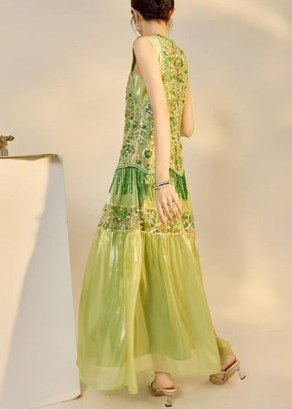 Simple Green Embroidered Nail Bead Sequins Tulle Long Dresses Sleeveless