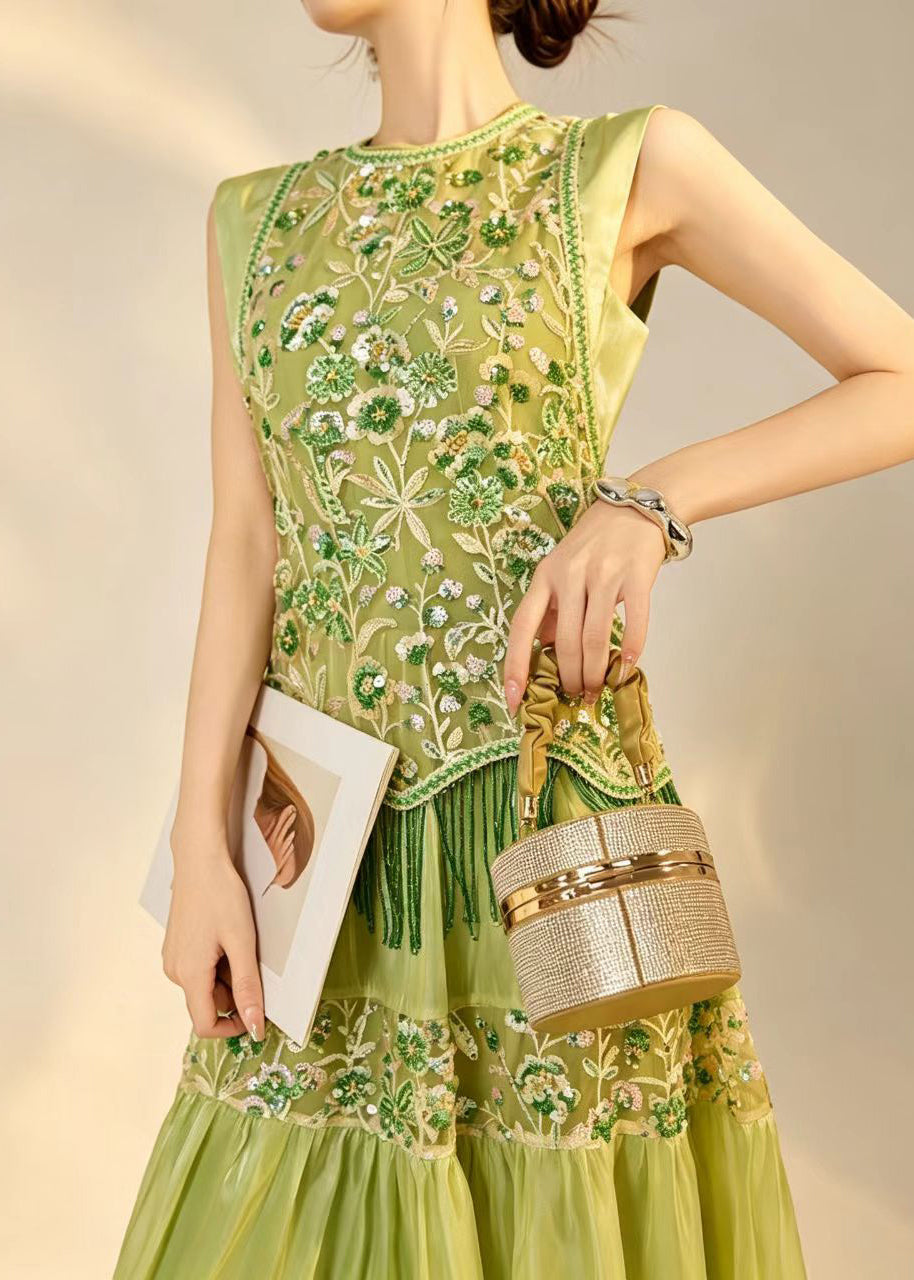 Simple Green Embroidered Nail Bead Sequins Tulle Long Dresses Sleeveless