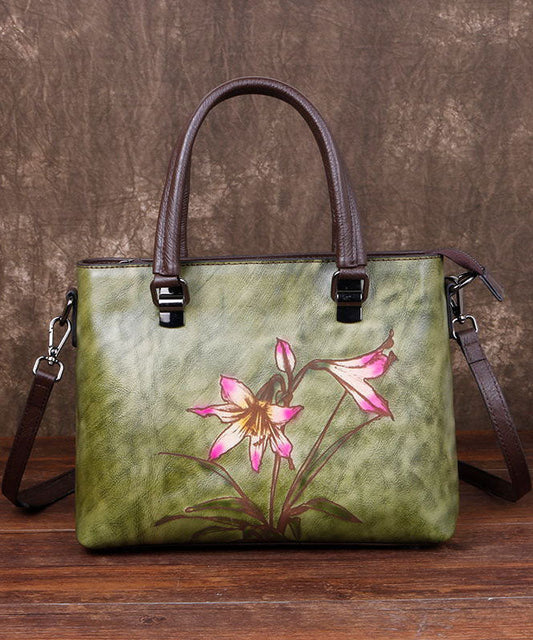 Einfache grüne Handtasche aus Kalbsleder mit Blumenmuster
