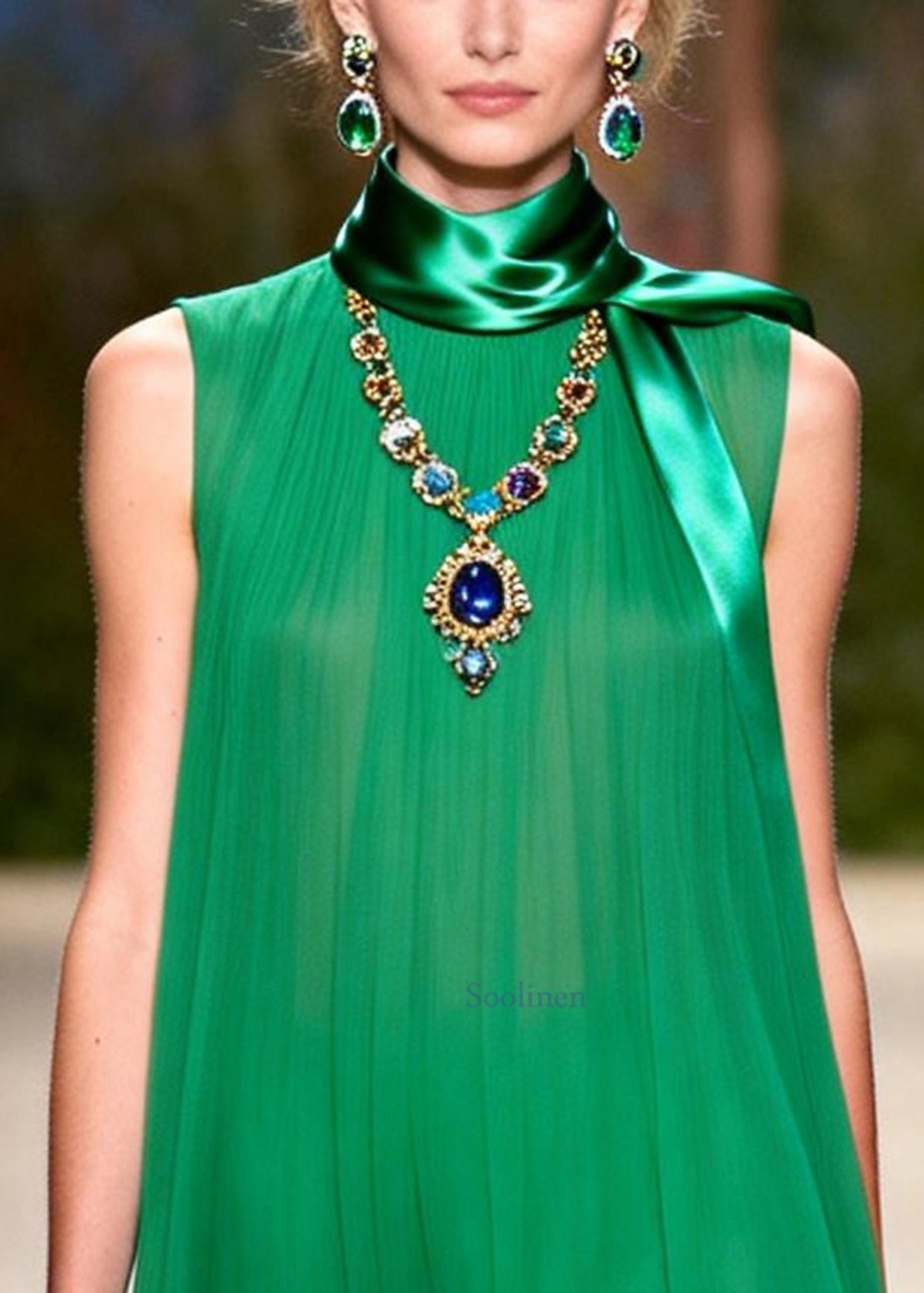 Simple Green O-Neck Draping Chiffon Day Dress Sleeveless