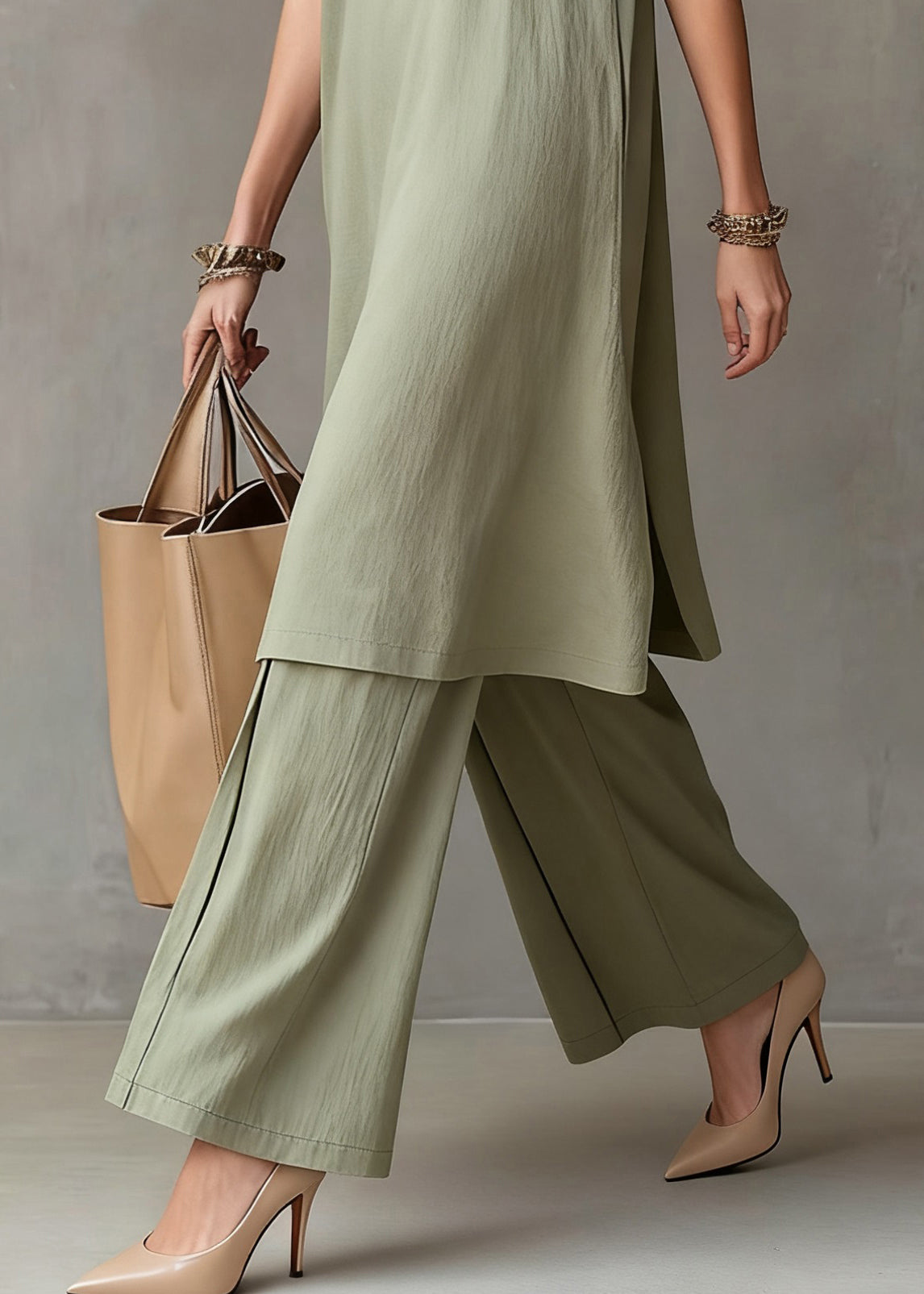 Simple Green O-Neck Solid Tank Dress And Wide Leg Pants Cotton Two Piece Set Sleeveless
