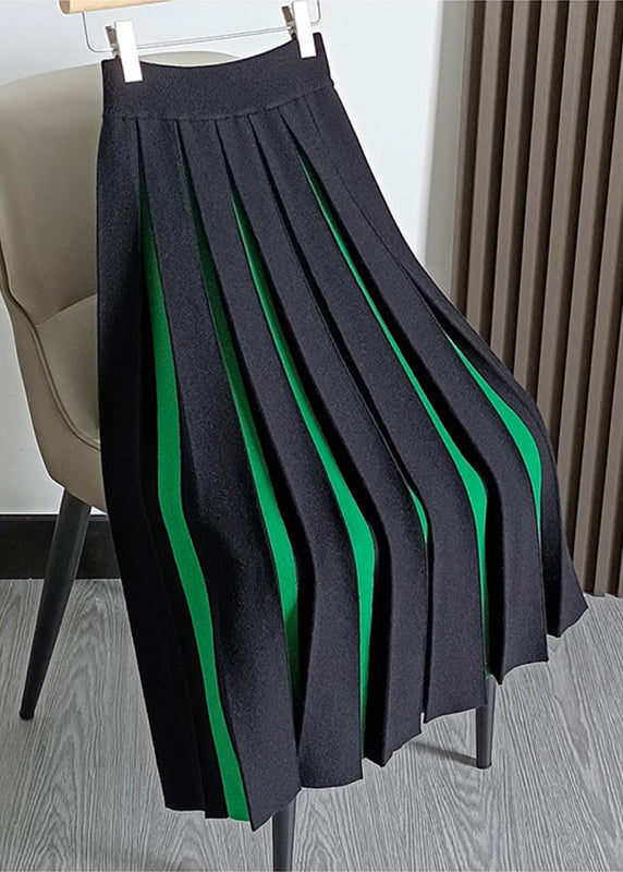 Einfache Grüne Patchwork Hohe Taille Woll Faltenröcke Herbst