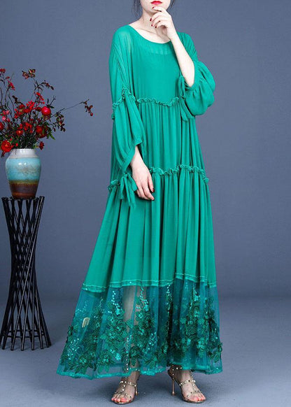 Simple Green Patchwork Lace Embroideried Hollow Out Summer Dress - SooLinen