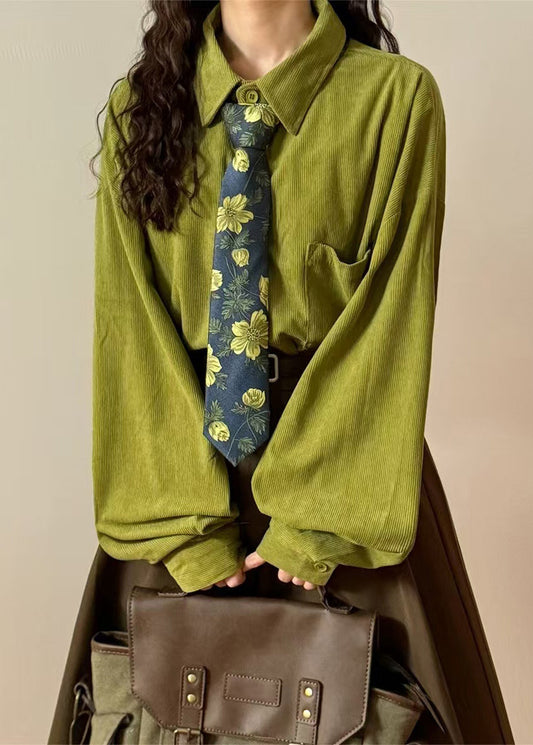 Simple Green Peter Pan Collar Button Pockets Cotton Blouses Spring