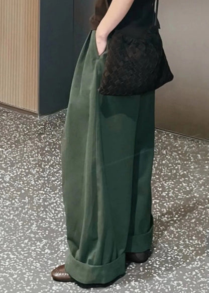 Pantalones anchos de algodón con cintura alta y bolsillos verdes sencillos para primavera