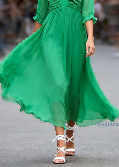 Simple Green Ruffled Patchwork Chiffon Maxi Dresses Summer