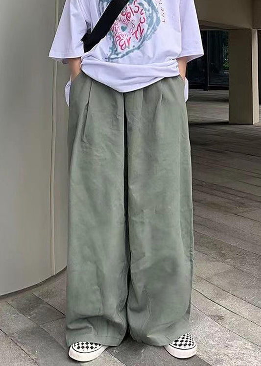 Simple Green Solid Wide Leg Pants Cotton Mens Wide Leg Pants Summer