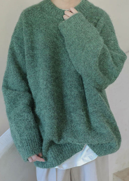 Simple Green Thick Solid Knit Men Sweater Casual Clothing