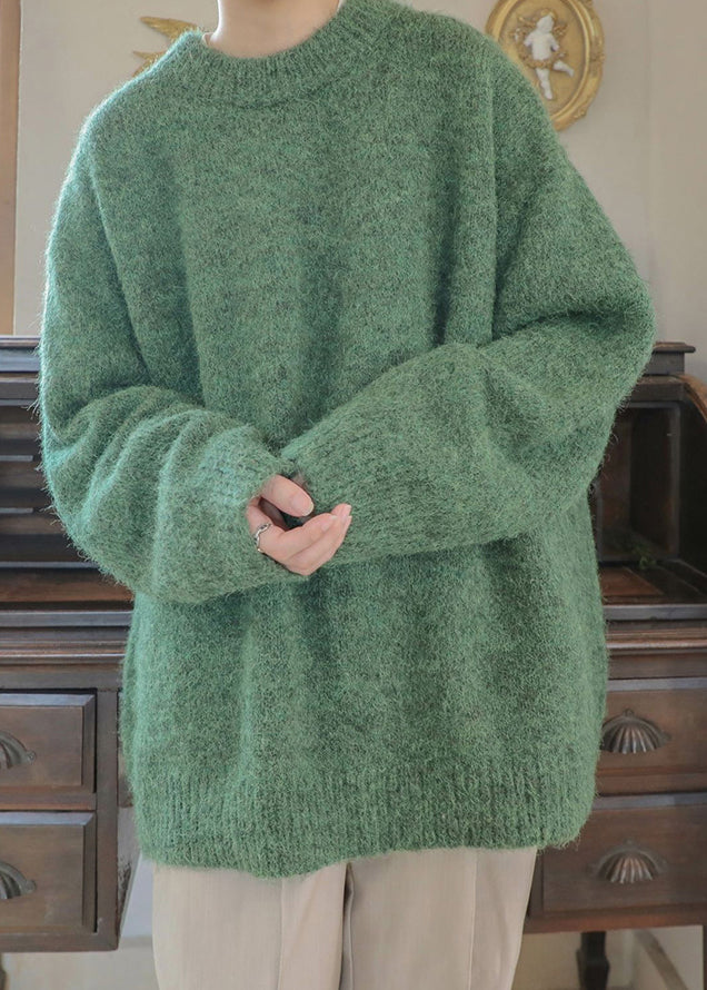 Simple Green Thick Solid Knit Men Sweater Casual Clothing
