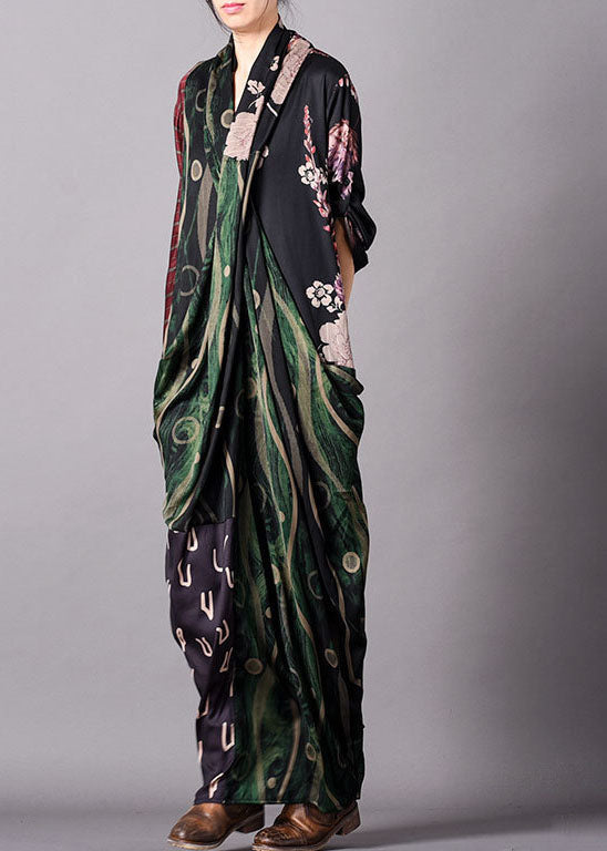 Einfaches grünes V-Ausschnitt Patchwork Seiden-Ferienkleid Frühling