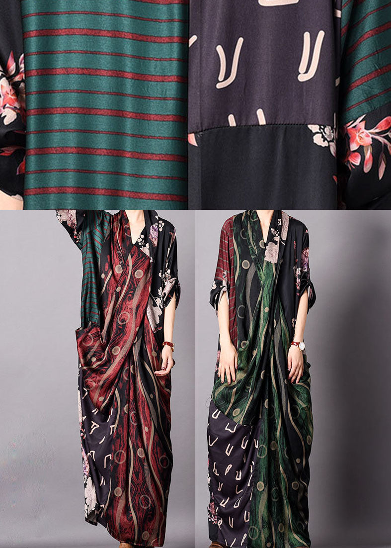 Einfaches grünes V-Ausschnitt Patchwork Seiden-Ferienkleid Frühling