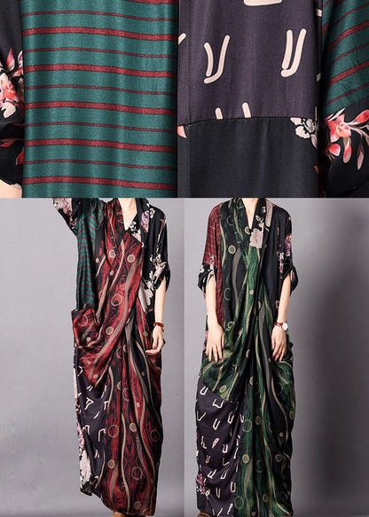 Einfaches grünes V-Ausschnitt Patchwork Seiden-Ferienkleid Frühling