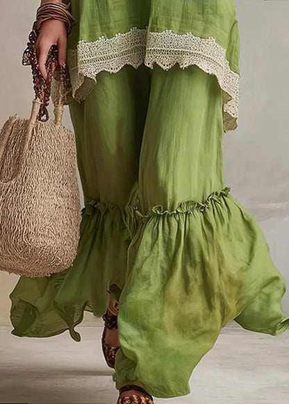 Simple Green V Neck T Shirts And Pants Two Piece Set Sleeveless