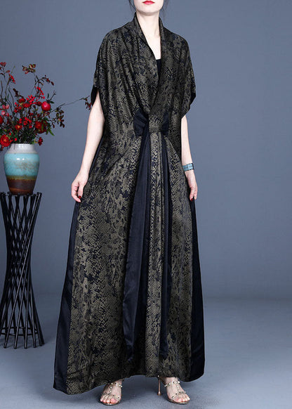 Einfaches grünes V-Ausschnitt-Mode-Print-Patchwork-Kleid Frühling