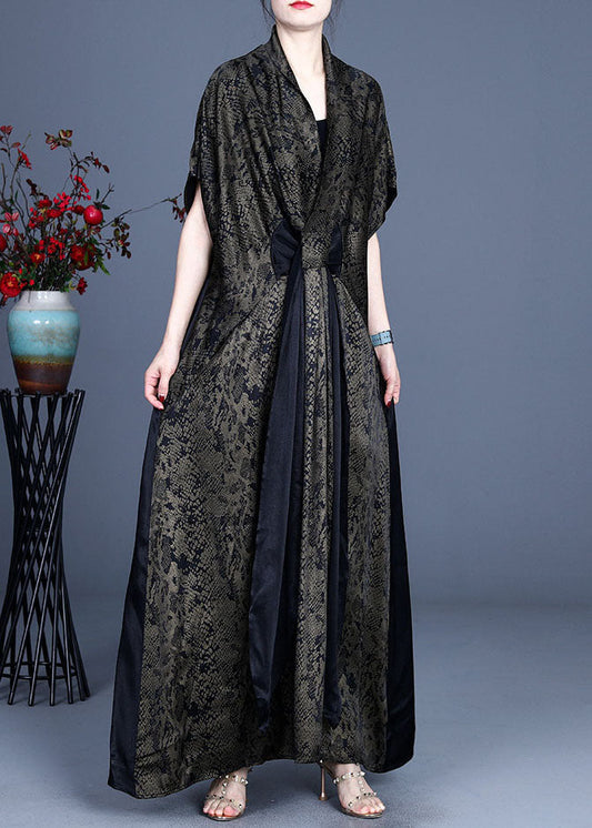 Einfaches grünes V-Ausschnitt-Mode-Print-Patchwork-Kleid Frühling