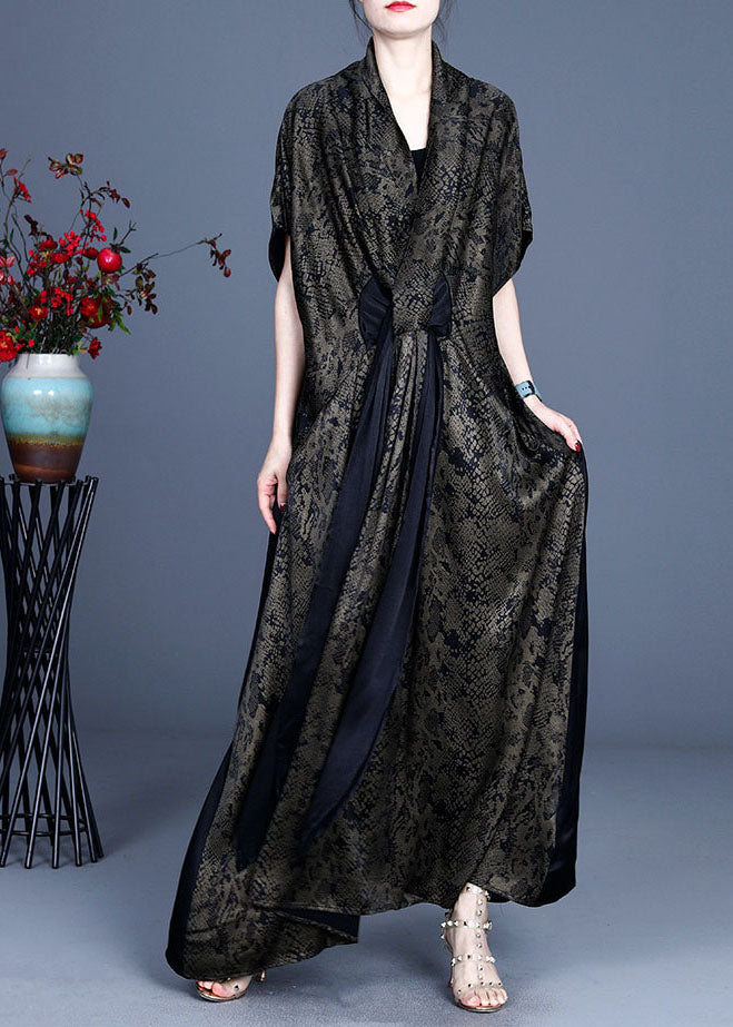 Einfaches grünes V-Ausschnitt-Mode-Print-Patchwork-Kleid Frühling