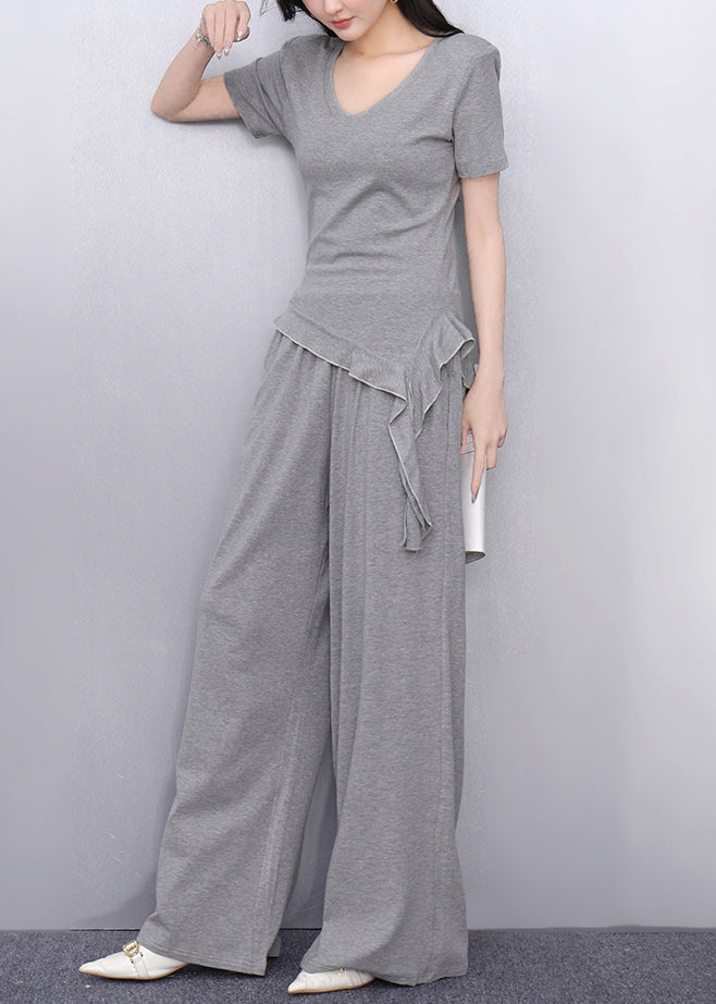 Simple Grey Asymmetrical T Shirts And Wide Leg Pants Cotton Two Piece Set Summer