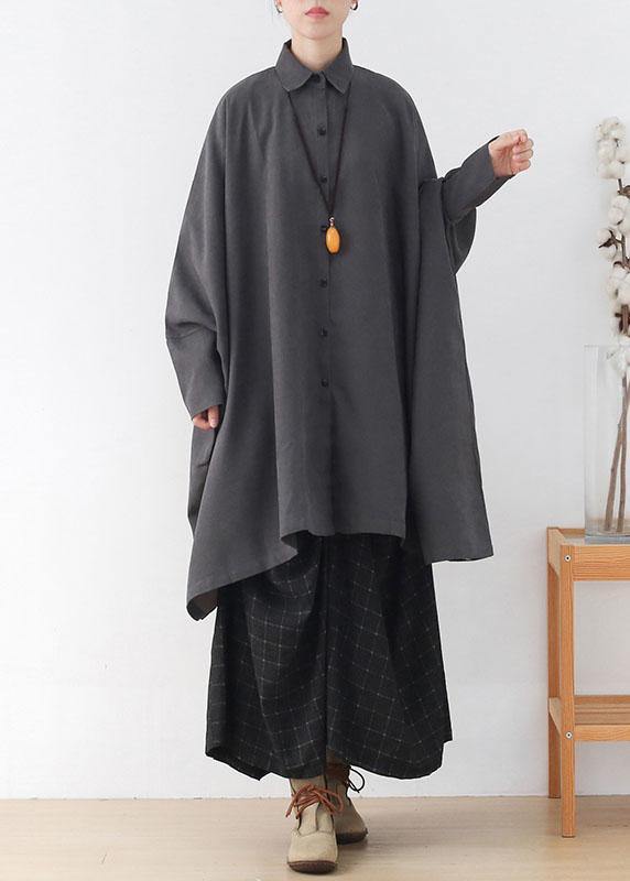 Simple Grey Bat wing Sleeve Button Fall Loose Coat - SooLinen