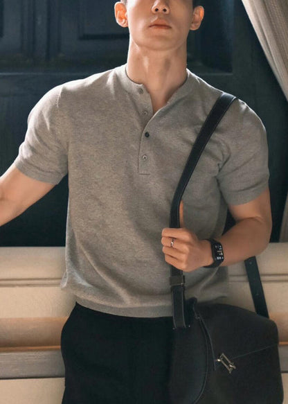 Simple Grey Button Solid Cotton T Shirts Men Summer