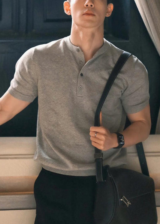 Simple Grey Button Solid Cotton T Shirts Men Summer