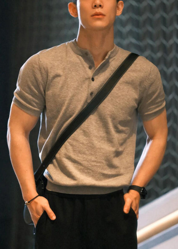 Simple Grey Button Solid Cotton T Shirts Men Summer