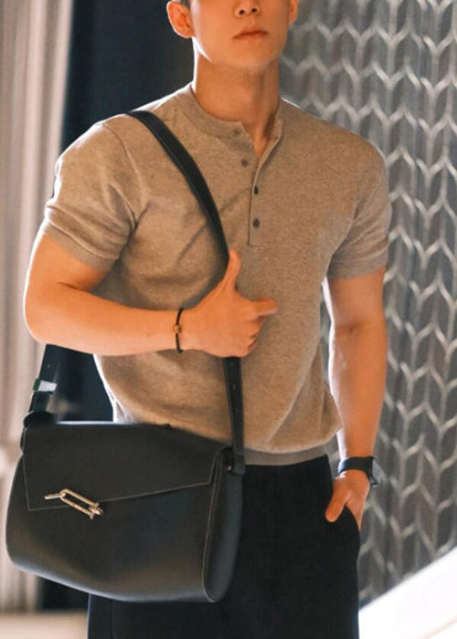 Simple Grey Button Solid Cotton T Shirts Men Summer
