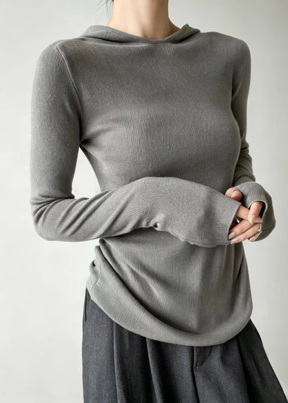 Simple Grey Hooded Thumb Hole Knit Sweater Long sleeve