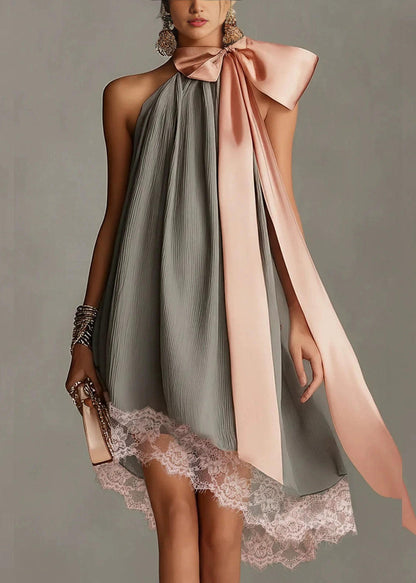 Simple Grey Lace Up Bow Asymmetrical Patchwork Lace Sleeveless