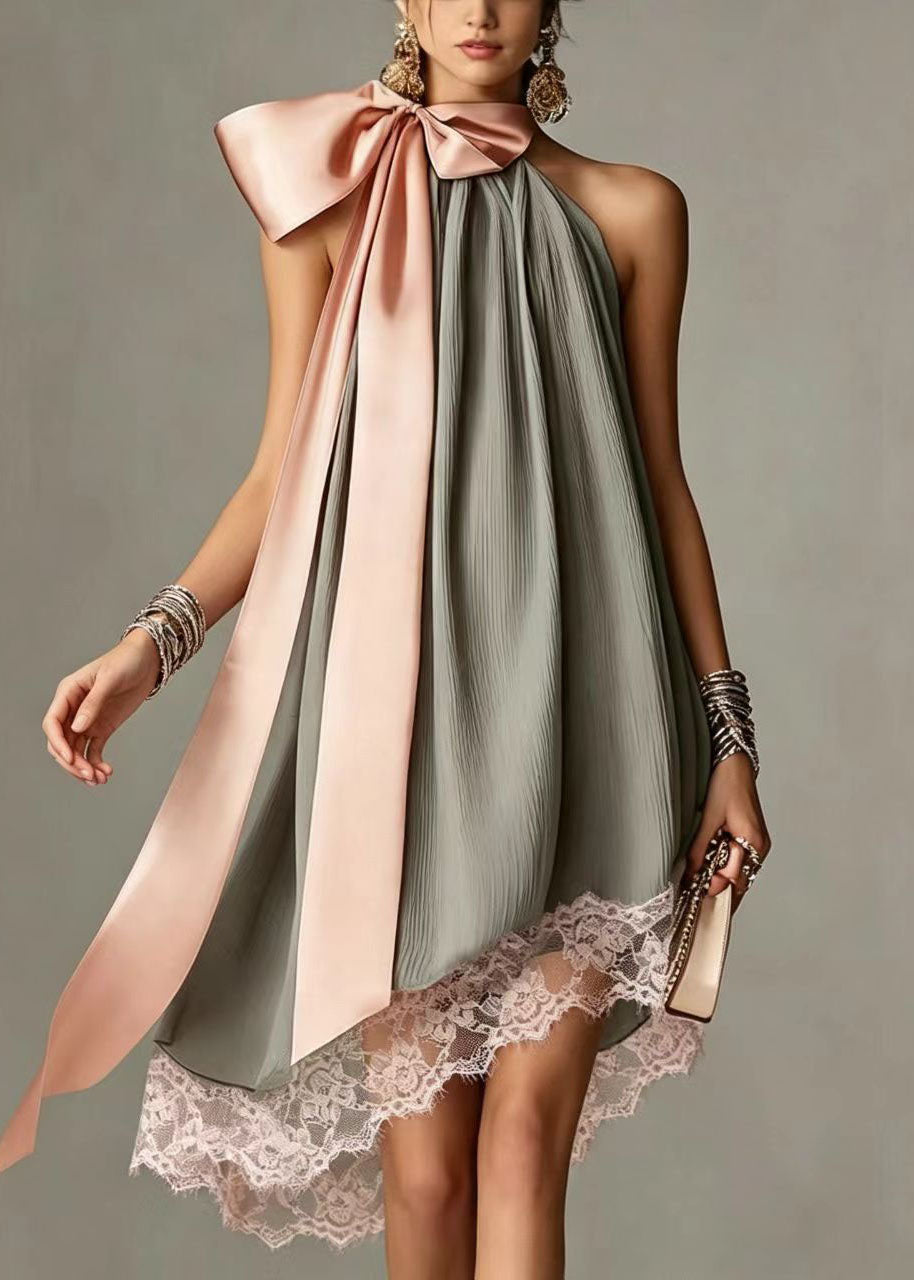 Simple Grey Lace Up Bow Asymmetrical Patchwork Lace Sleeveless