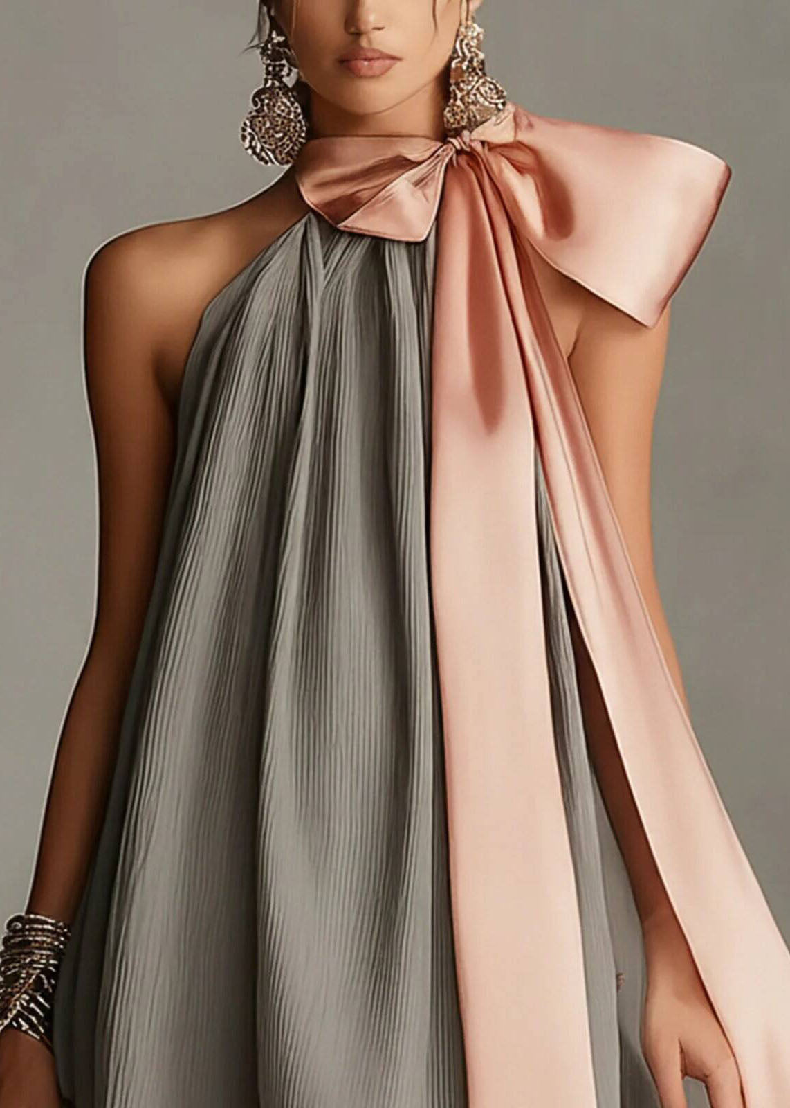 Simple Grey Lace Up Bow Asymmetrical Patchwork Lace Sleeveless