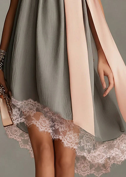Simple Grey Lace Up Bow Asymmetrical Patchwork Lace Sleeveless