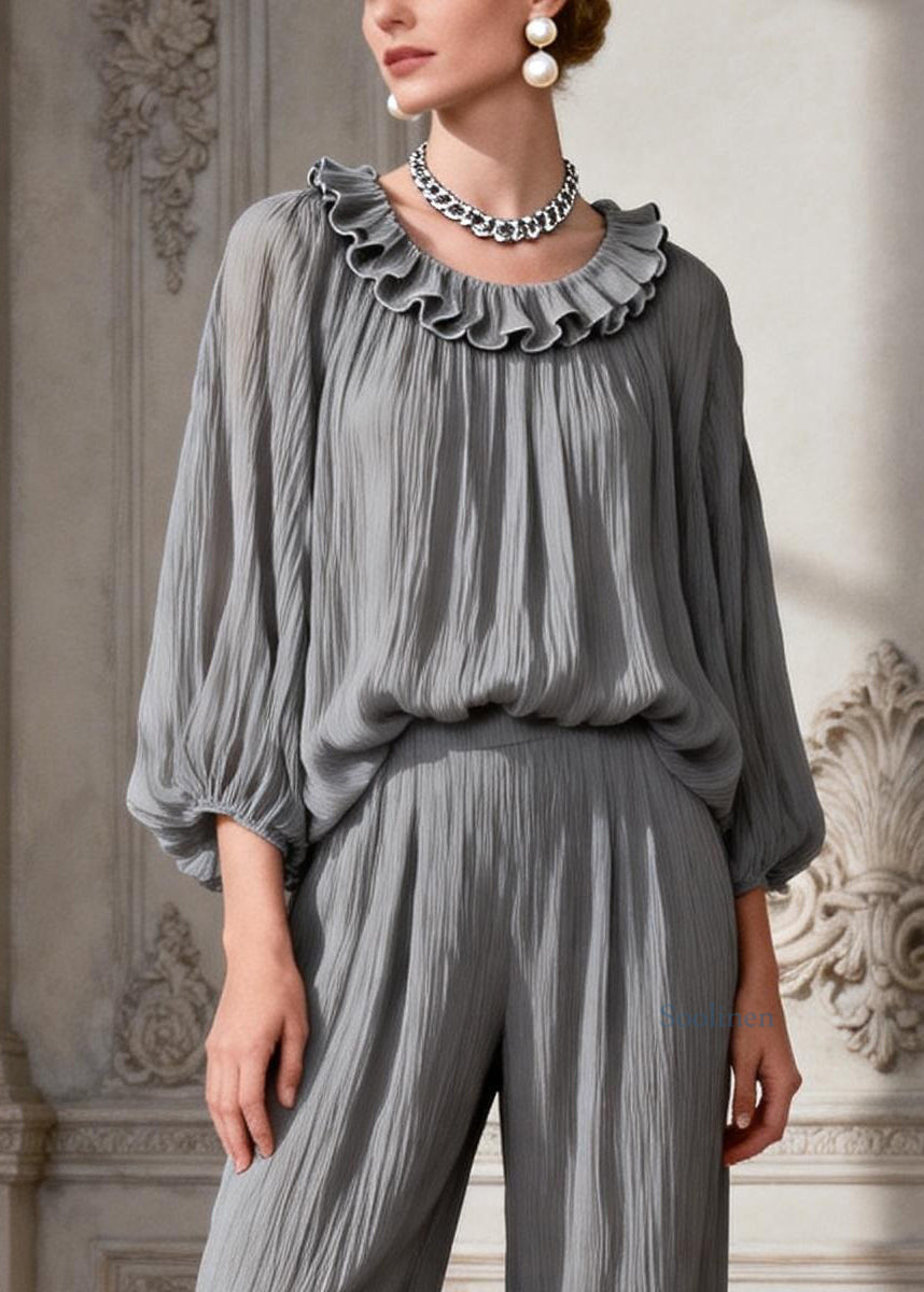 Simple Grey O Neck Ruffled Solid Two Pieces Set Spring