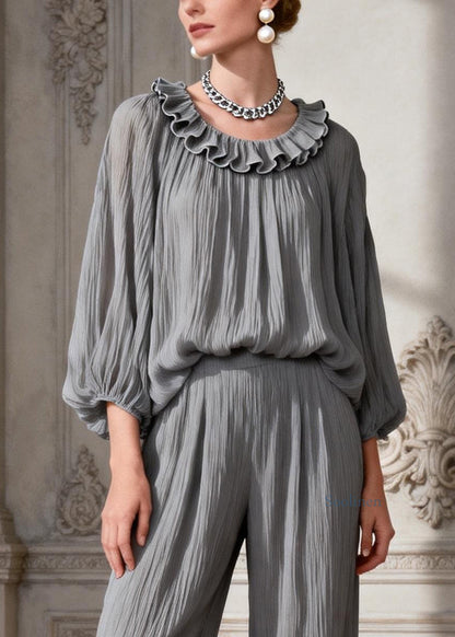 Simple Grey O Neck Ruffled Solid Two Pieces Set Spring
