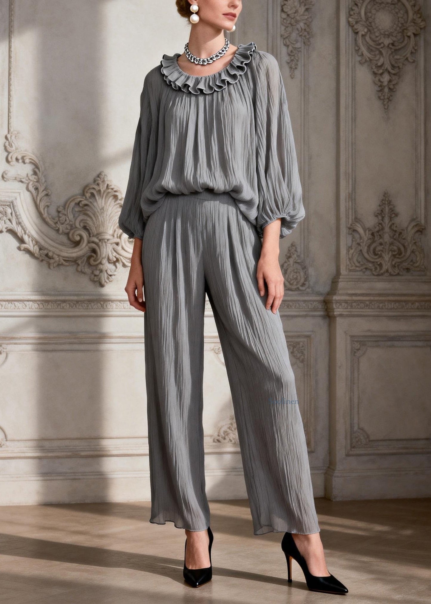 Simple Grey O Neck Ruffled Solid Two Pieces Set Spring