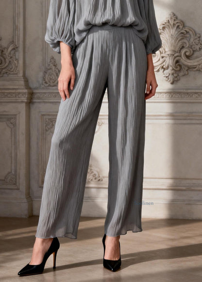 Simple Grey O Neck Ruffled Solid Two Pieces Set Spring