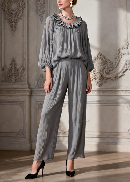 Simple Grey O Neck Ruffled Solid Two Pieces Set Spring